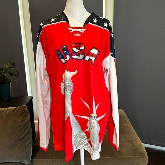 Men’s America #1 USA Patriotic Ice Hockey Jersey Long Sleeve Size M NEW - Picture 1 of 11